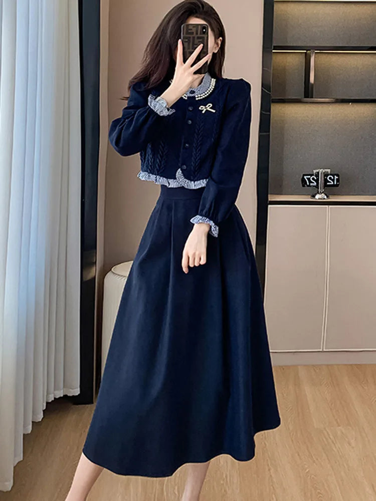 2023 Autumn Fashion Two Pieces Set Korean Women Vintage Ruffles Knitted splicing Shirt Top + A-Line Midi Skirts Elegant Outfits - Seprincess