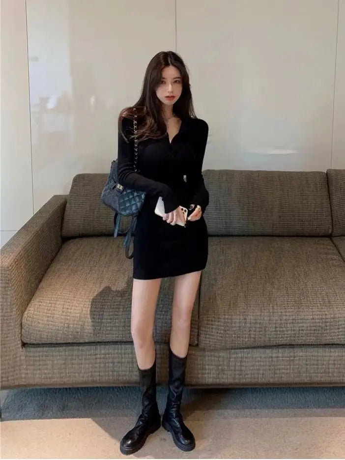 Gagarich Woman Korean High-end Waist Hot Girl Black Hip Dress Autumn Winter New Style Long Sleeved Knitted Short Vestidos - Seprincess