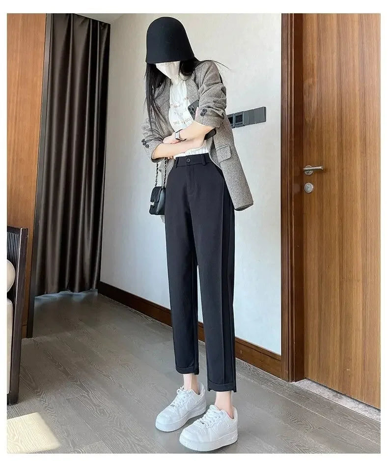 Winter Woolen Pants for Women Thicken Warm Ankle-Length Harem Pants Office Lady Khaki Elastic Waist Fashion Women's Trousers