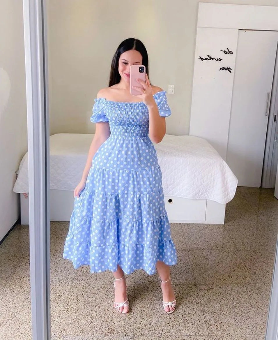 Elegant Women's Off Shoulder Midi Dress 2024 Summer Fashion dresses High Waist Flower Print Short  Sleeve Dress Robe Clothing - Seprincess