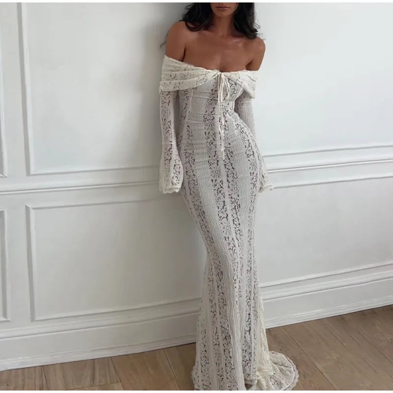 Vintage Cream Floral Lace Off Shoulder Maxi Dress Fashion Flare Long Sleeve Hollow Out Slim Dresses 2024 Elegant Lady Party Robe - Seprincess