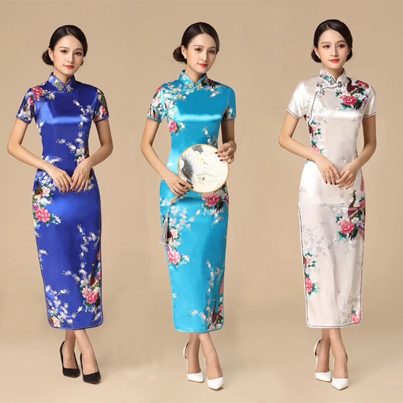 Women Satin Cheongsam Chinese Traditional Mandarin Collar Evening Party Dress Print Peacock Sexy Split Qipao Vestidso - Seprincess