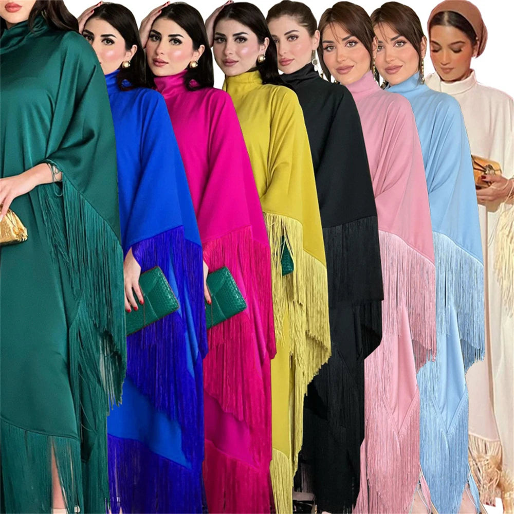 Eid Satin Luxury Green White Black Pink Khimar Tassel Butterfly Batwing Abaya For Women Islam Muslim Maxi Dress Kaftan Kebaya - Seprincess