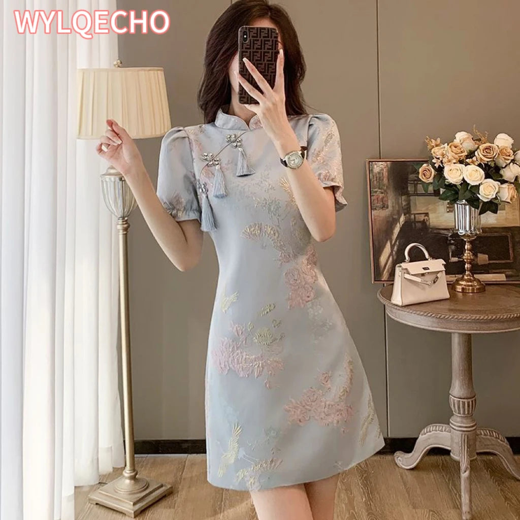 Chinese Style Elegant Cheongsams Dress Summer Women Vintage Floral Embroidery Qipao Mini Dress Lady Chic Tassels Slim Vestidos - Seprincess