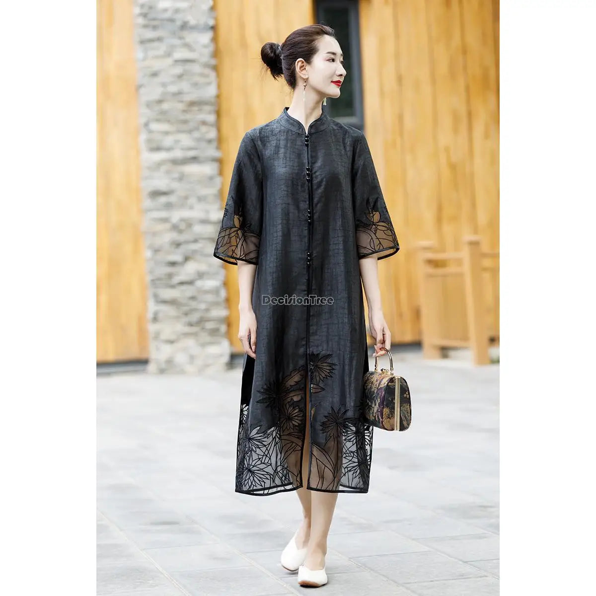 2024 chinese traditional vintage qipao women's black qipao lady standing collar ethnic style embroidery graceful cheongsam dress - Seprincess