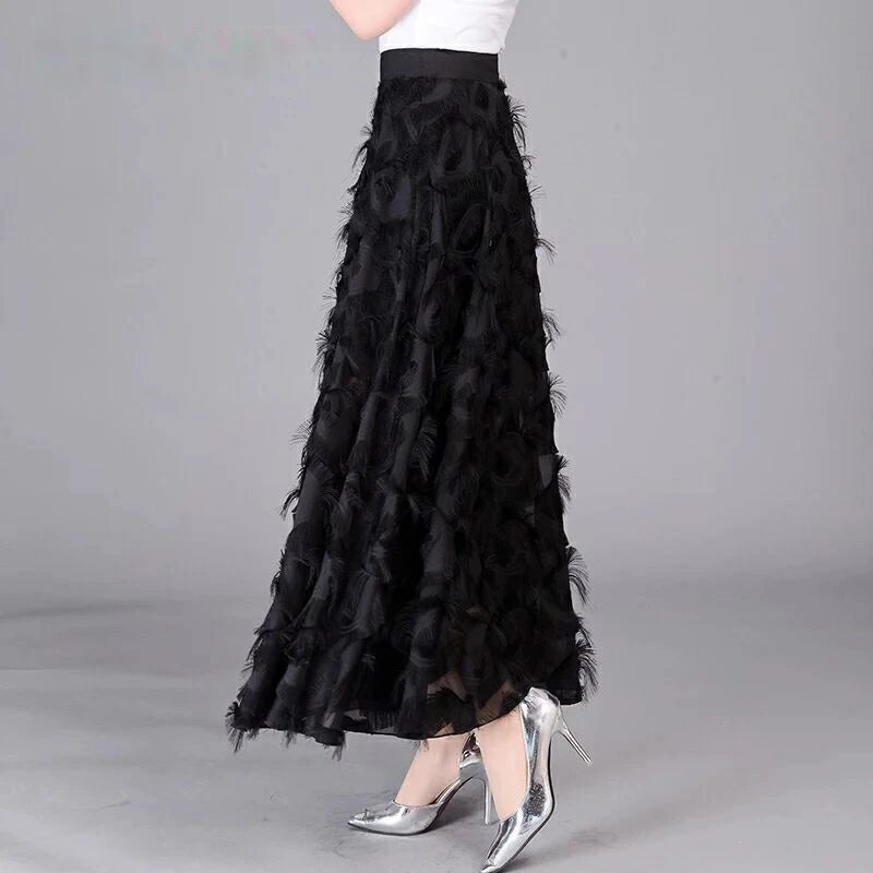 Spring Summer and Autumn New Chiffon High Waisted and Versatile A-line Skirt With Fluffy Tassels Ladies and Girls Black - Seprincess