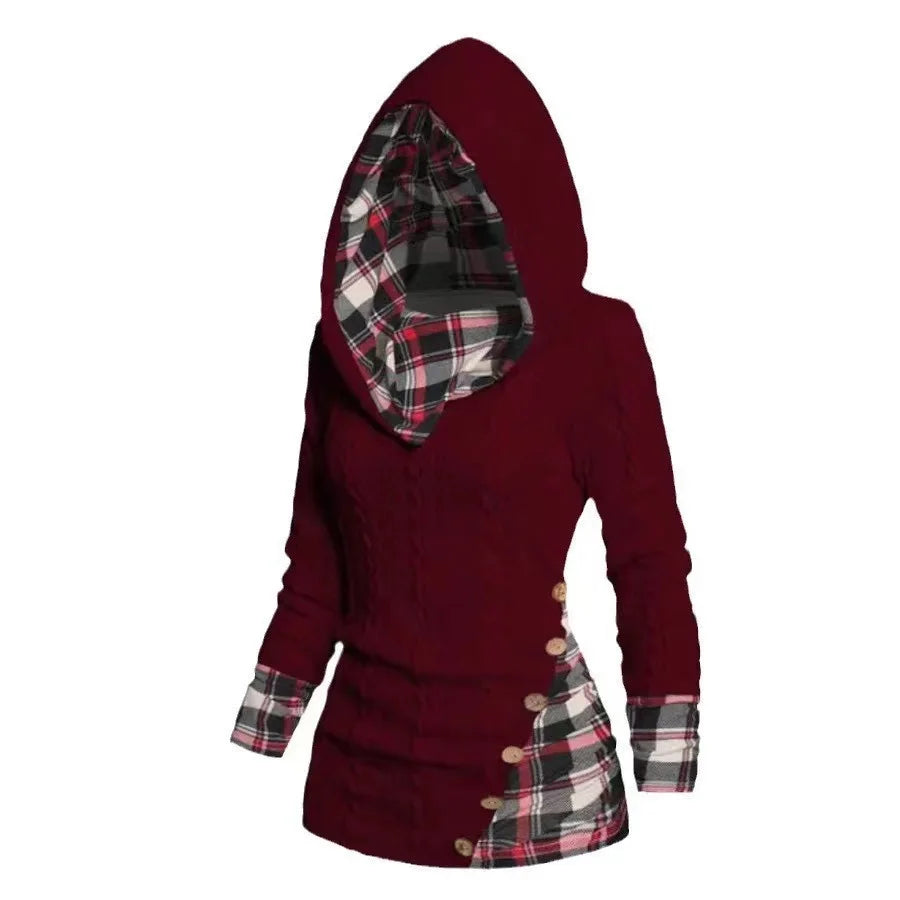 2024 Autumn Winter Chic Plaid Hooded Dress Women Knit Sweater Long Sleeve A Line Style With Trendy Splicing Perfect Casual Wear - Seprincess