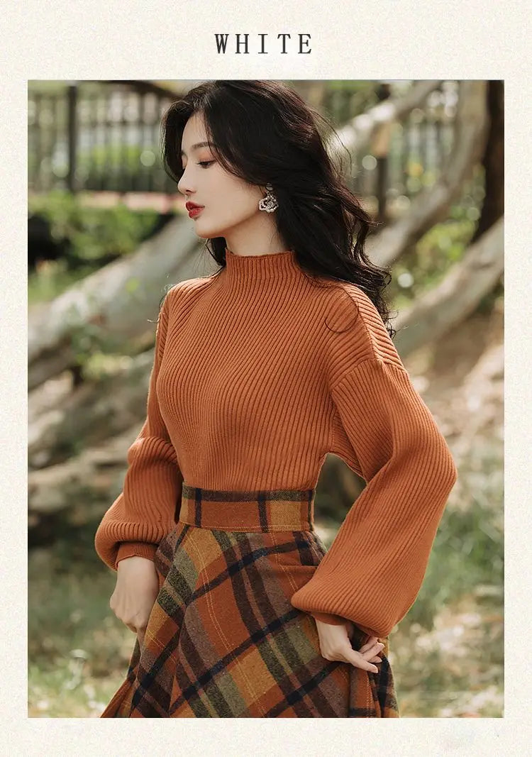 Women's Spring Autumn Vintage Plaid Long Skirts Sweater Two-Piece Set French Lady Graceful Knit Pullover High Waist Skirt Outfit - Seprincess