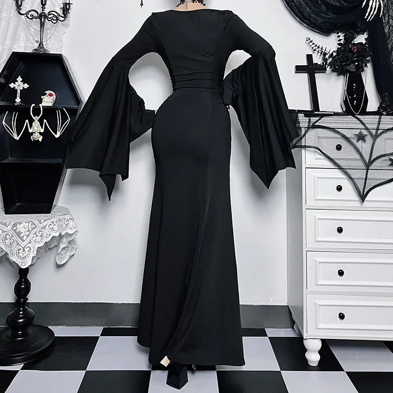 Halloween Gothic Vintage Dress Women Square Neck Patchwork Spider Web Flare Sleeves Cosplay Long Party Dress - Seprincess