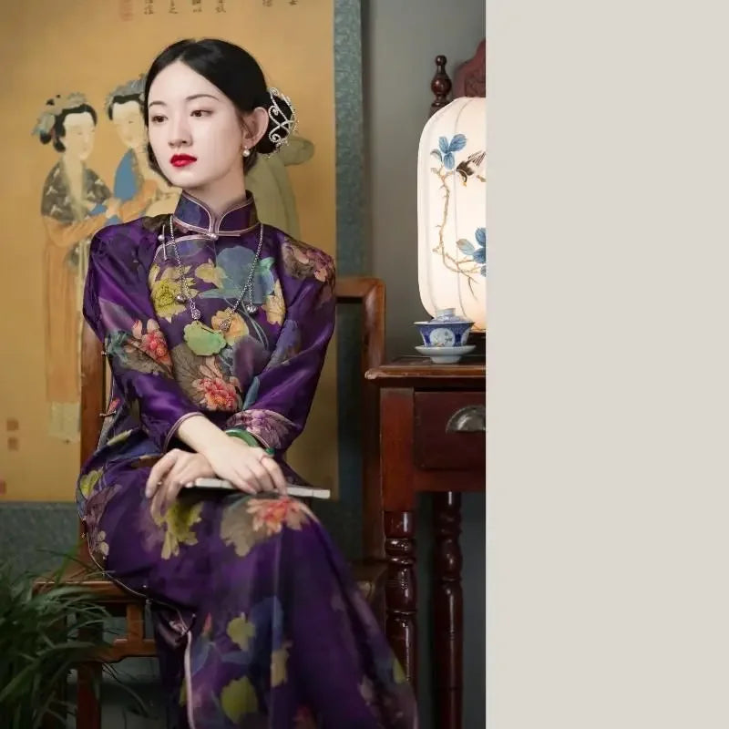 Spring Elegant Satin Stand Collar Purple Floral Printed Ball Gown Chinese Traditional Cheongsam Dress תחפושות לנשים לפורים 2023 - Seprincess