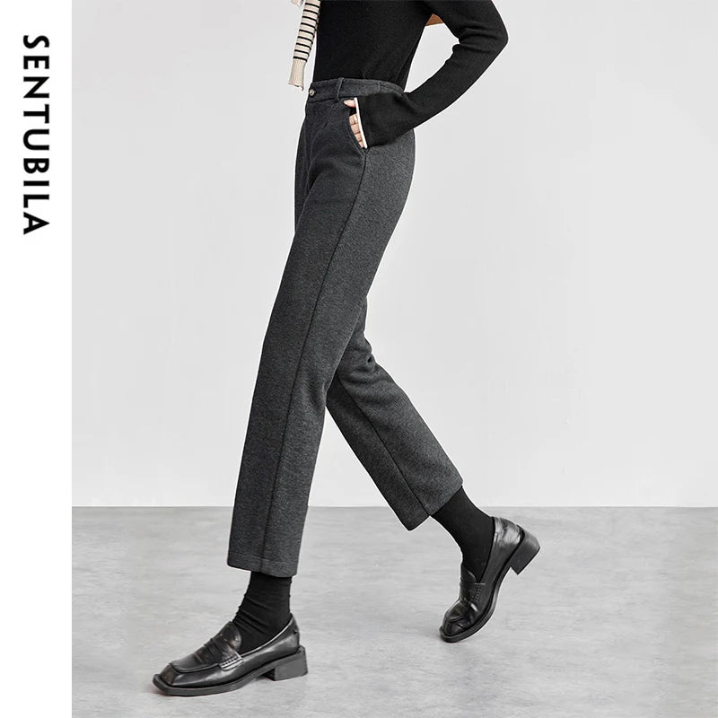 SENTUBILA Straight Wool Knitted Pants Women 2024 Winter Slim Fit  Thick Warm High Waist Ankle Knee-length Pencil Pant 144K56342