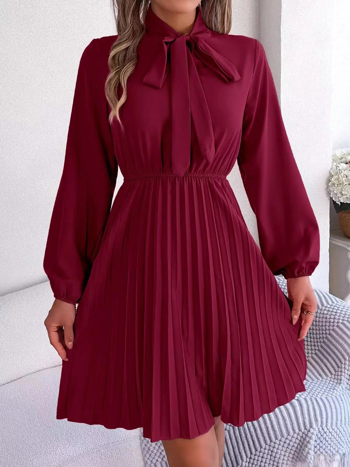 2024 Women's Dresses New in Spring Summer Autumn Winter New Fashion Pure Color Lace Up Long Sleeve Elastic Waist Party Pleated - Seprincess