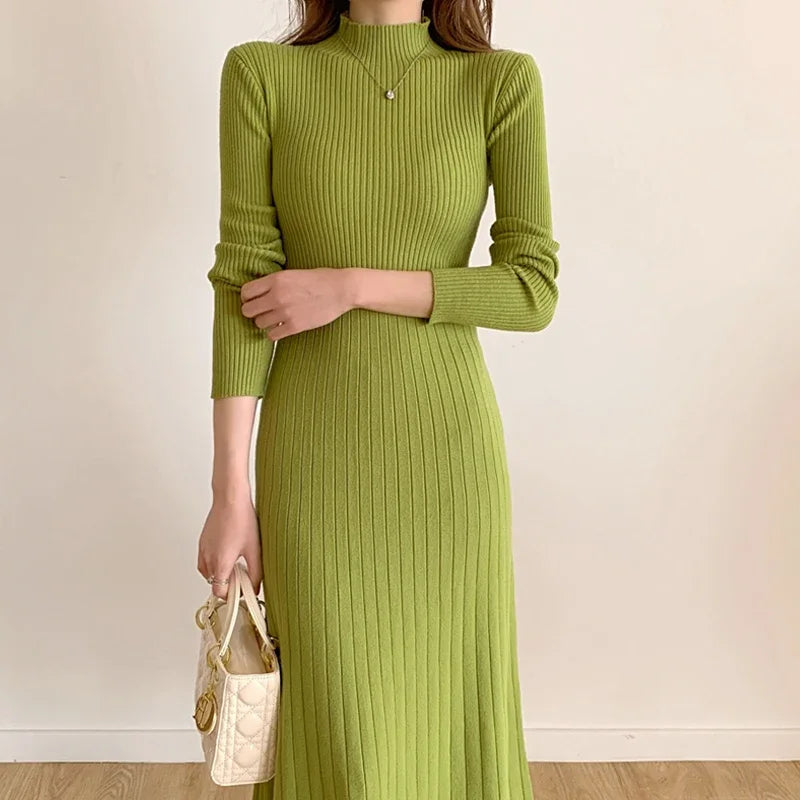 Autumn Winter 2024 Slim Long Sleeve Party Midi Dress for Women Knitted Half High Collar Elegant Knitted Sweater Dresses Ladies - Seprincess