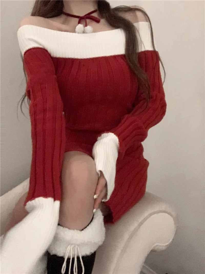 Sexy Red Christmas Dress Women Autumn Winter Korean Style Slash Neck Bodycon Knitted Dresses Female Elegant Y2k Party Mini Dress - Seprincess