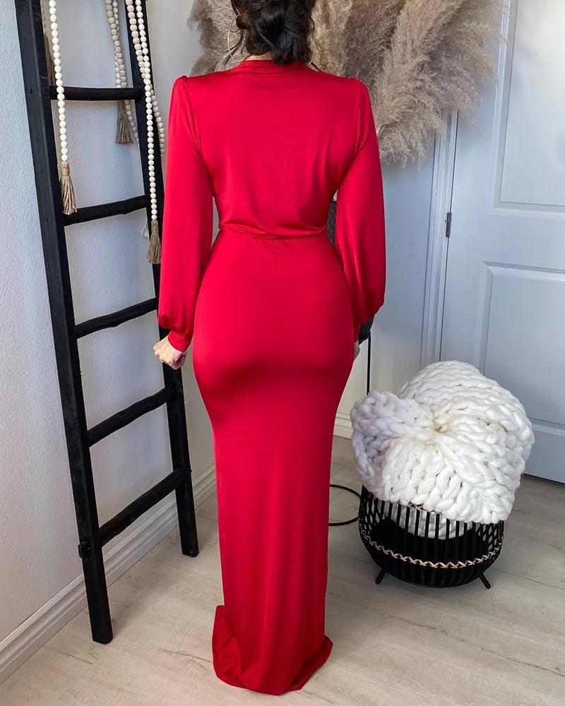 Elegant Deep V Neck Full Sleeve Long Dress For Women Robe Fashion Autumn New Irregular Ruched Bodycon Midi Dress - Seprincess