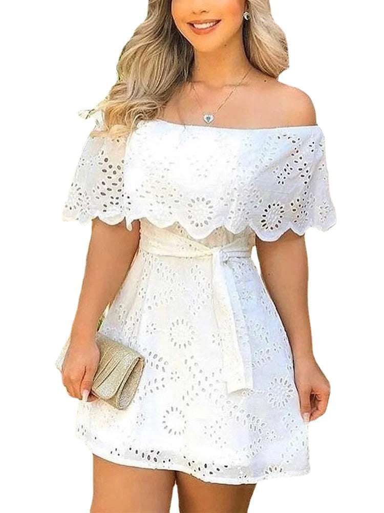 Hollow Out White Dress Women Summer Off Shoulder Lace Up Mini Dress Fashion Lace Splicing Holiday Long Dresses - Seprincess