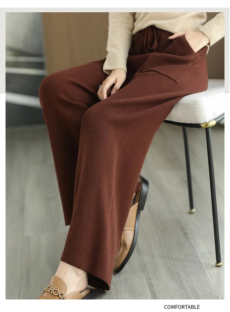 Women's Merino Wool Knitted Pants Office Lady Simple High Waist Straights Trousers Cashmere Wool Autumn Winter Thick Knitwear