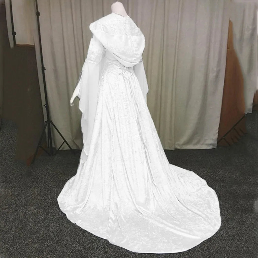 Women's Medieval Renaissance Vintage Gothic Hooded Long Dress Sexy White Lace Up Drawstring Halloween Queen Princess Cosplay - Seprincess