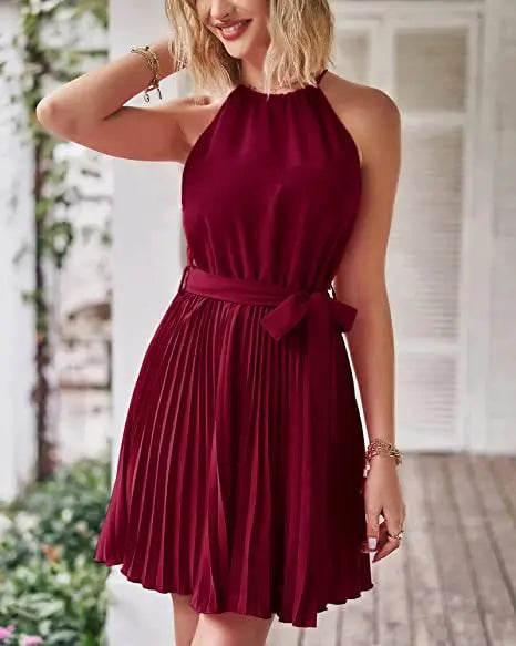 2023 Summer Short Pleated Dress Women Halter Dress Ladies Sleeveless A Line Party Dress For Women - Seprincess