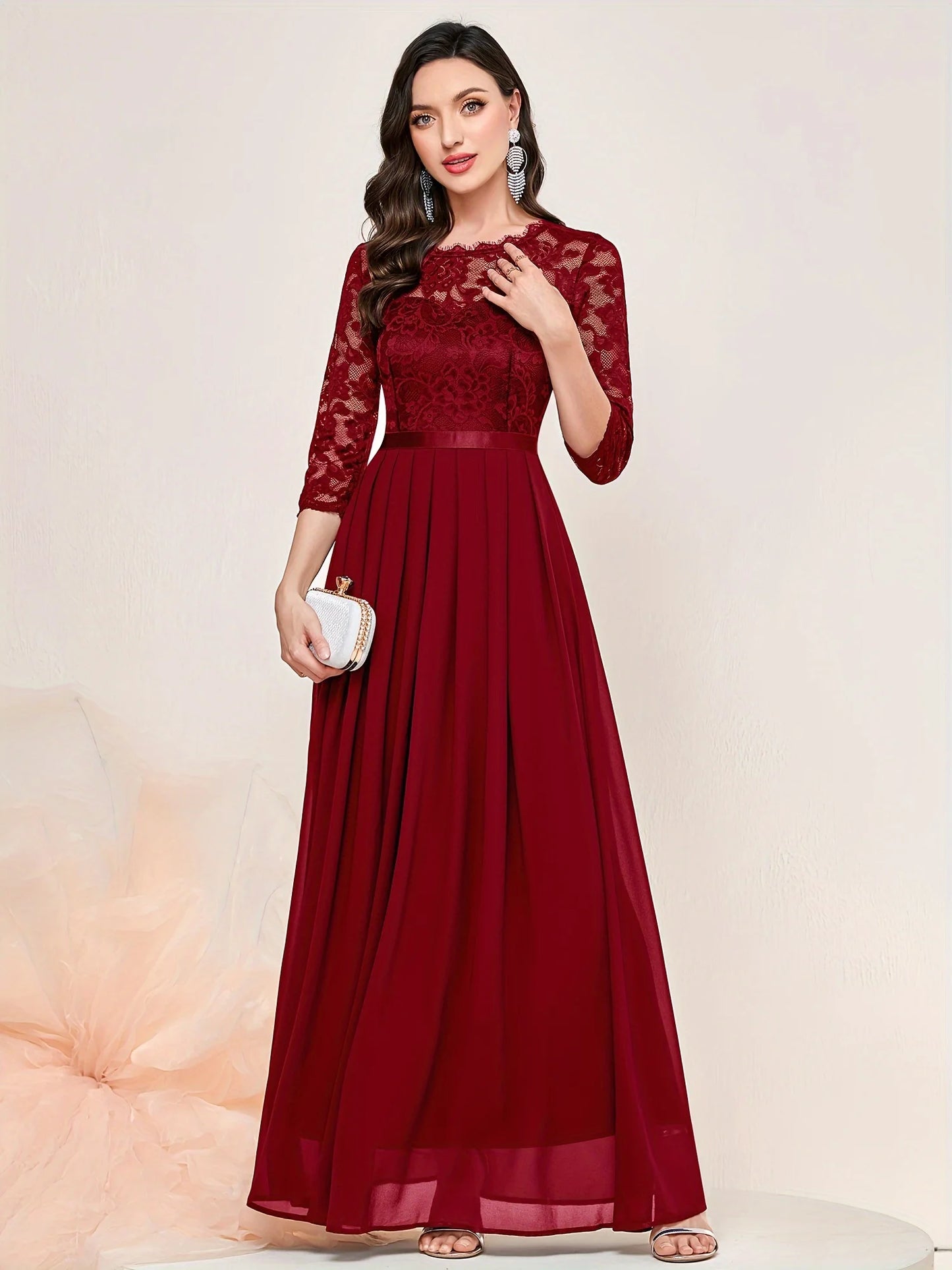 Contrast Lace Pleated Elegant Solid 3/4 Sleeve Party Maxi Formal Evening Dress - Seprincess