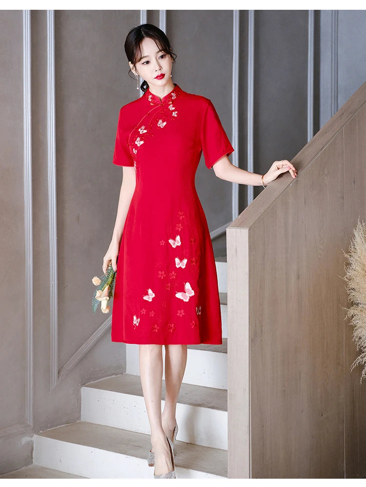 Retro Ethnic Style Chinese Traditional Qipao Dress Fashion Embroidered Improved Red Cheongsam CNY - Seprincess