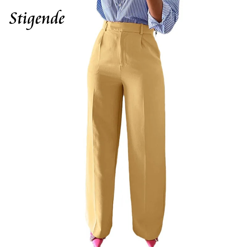 Stigende Wide Leg Straight Dress Pants with Pocket Women Plain Color Business Casual Pants Loose Fit Midi Waist Office Trousers