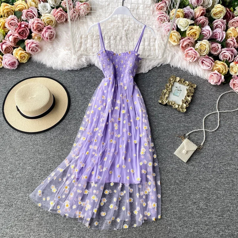 Women daisy Print Dresses Summer Sexy Lace Mesh Dress Spaghetti Strap Ruched Floral Vestidos Korean Style Long Dress - Seprincess