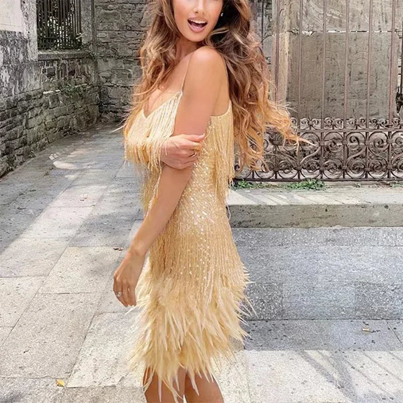 2024 Sexy Women's Fringed Sequin Feather Stitching Dress Summer Slim V-Neck Off Shoulder Dresses Female Backless Slip Mini Robe - Seprincess