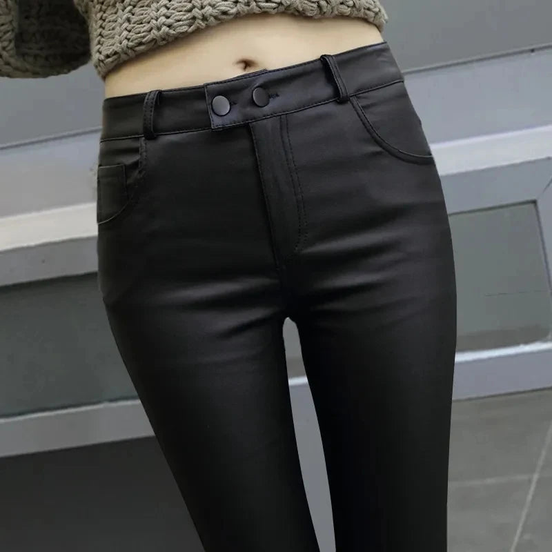 Autumn Winter New High Waist Stretch Leather Leggings Thick Female Faux PU Leather Pants Sexy Push Up Slim Tights Fleece Trouser