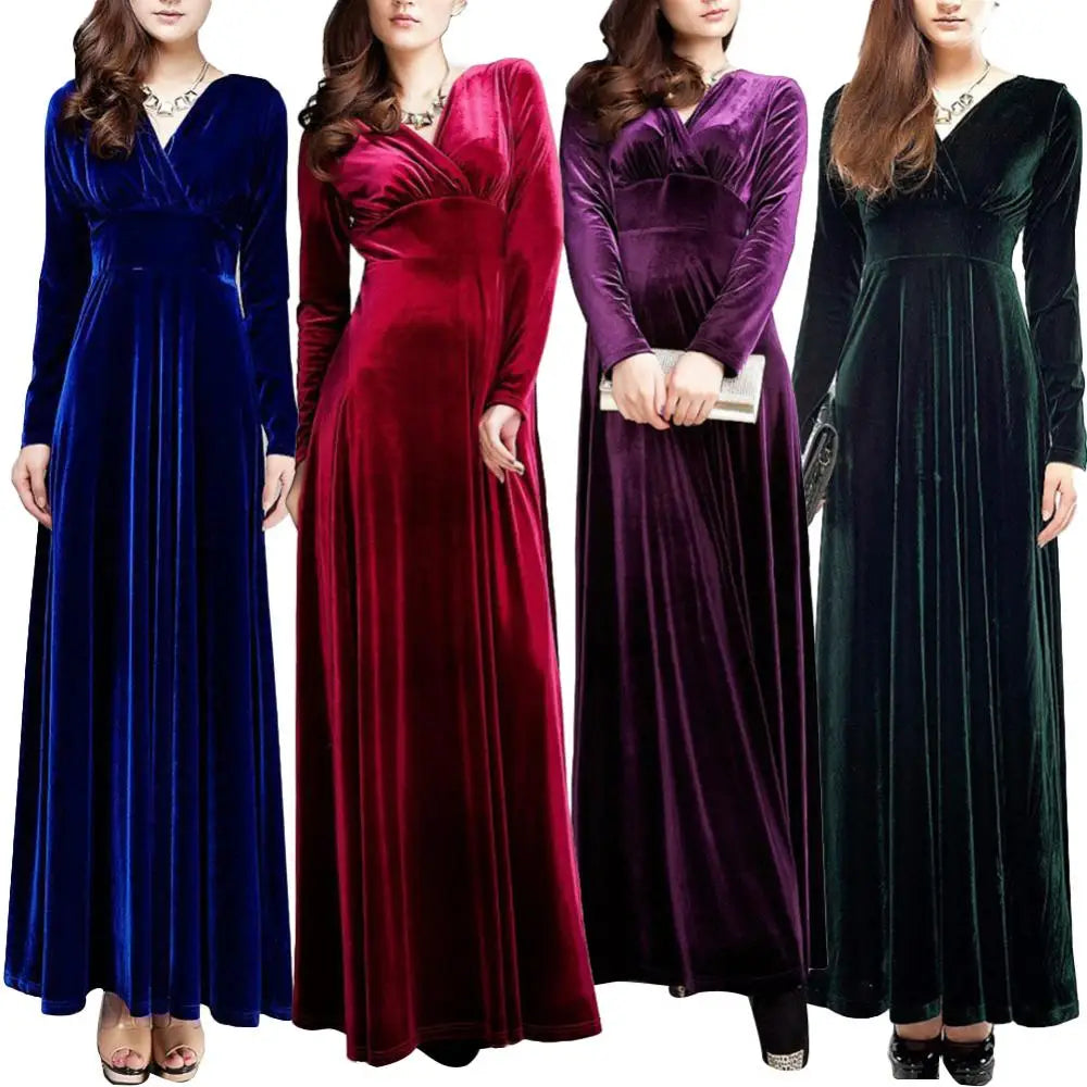 Vintage Women Autumn Long Sleeve V Neck Pleated Velvet Banquet Party Maxi Dress Party Wedding Elegant Evening dress? - Seprincess