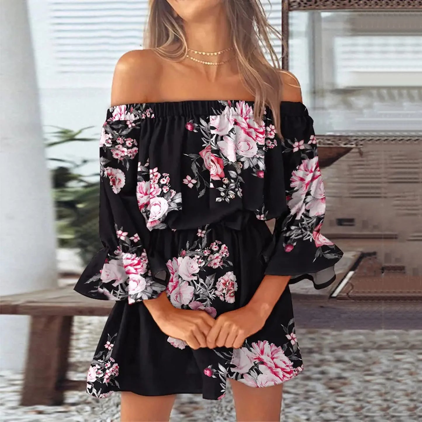 Boho Dresses for Women 2023 Summer Sexy Off Shoulder Floral Print Flare Sleeve Tunic Dress Women Casual Mini Sundress Vestido - Seprincess