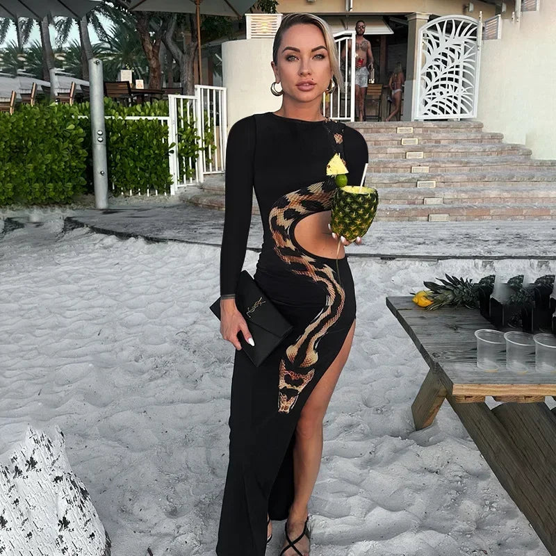 Autumn Winter Maxi Dress Women Fashion Snake Print Cut Out Slim Dresses Long Sleeve Sexy Split Holiday Party Dress 2024 Black - Seprincess