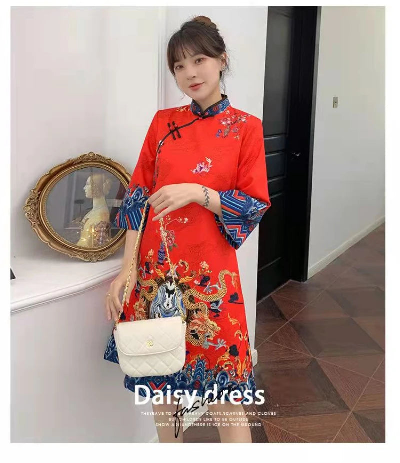 Red Blue Loose 2024 New Fashion Modern Chinese Cheongsam A-line Dress Women 3/4 Sleeve Qipao Traditional Chinese Clothes - Seprincess