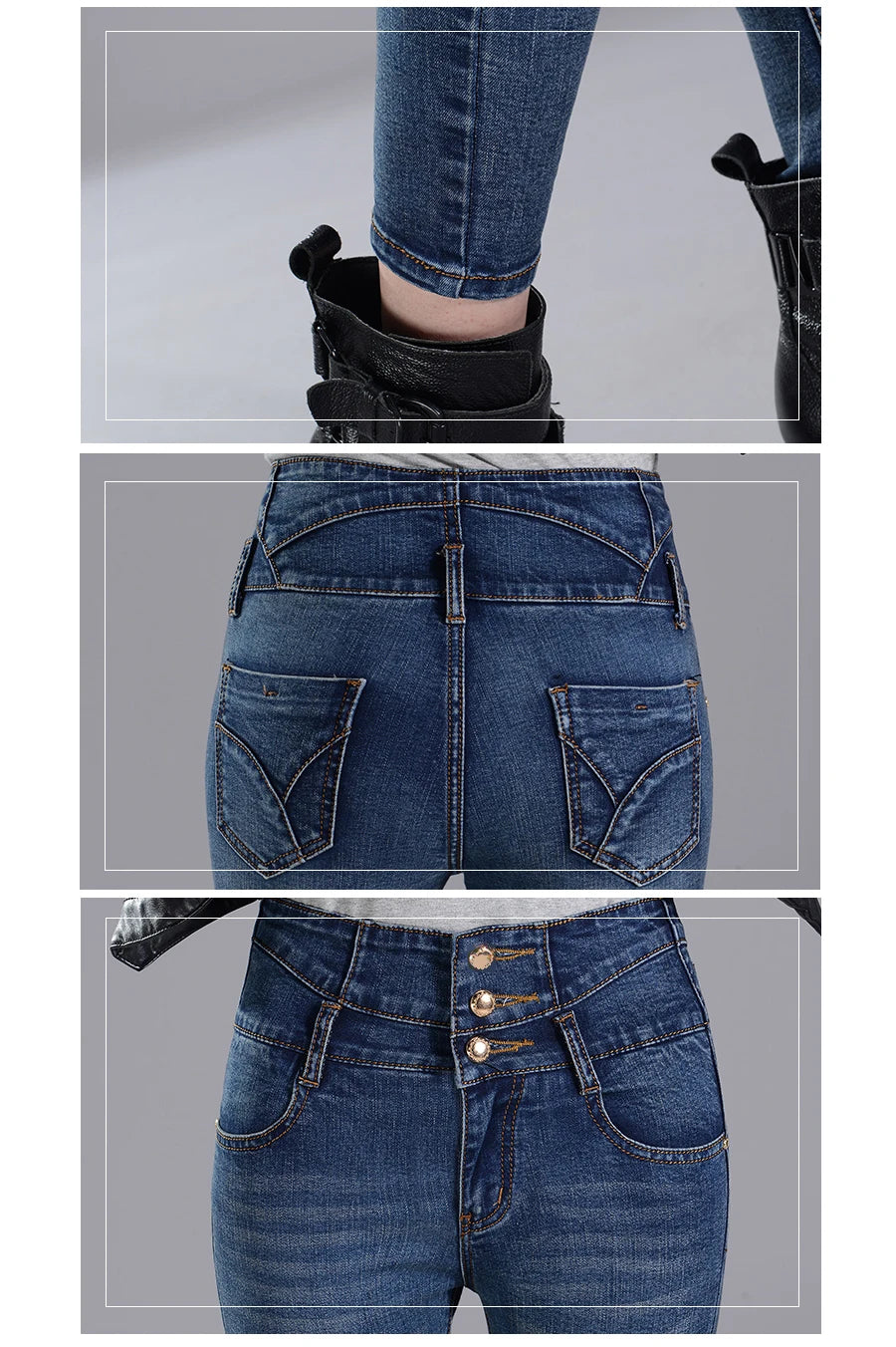 High-Waisted Jeans, Three-Breasted Jeans, Women's Spring & Fall New Slim Pants, Casual Denim Pants, Women's Stretch Pencil Jeans