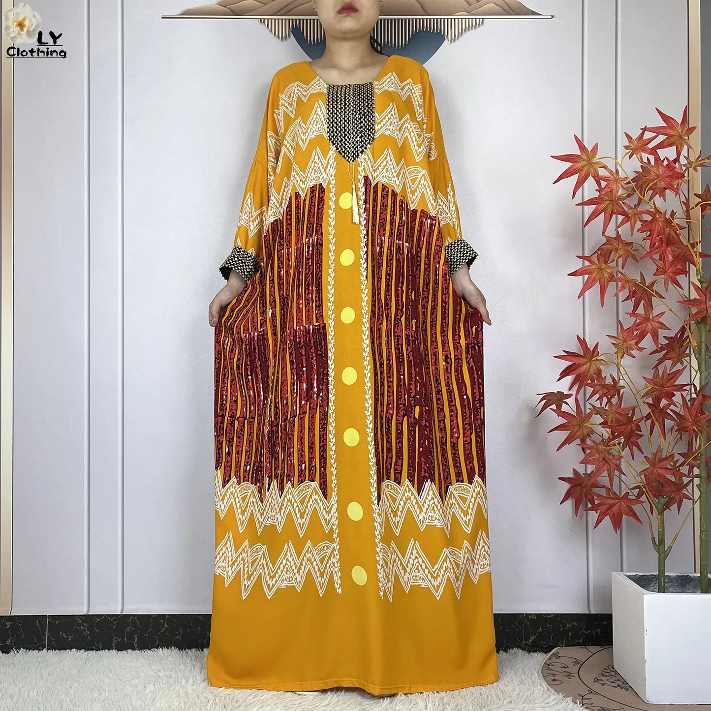 2024New Dubai Party Dress Muslim Femme Long Sleeves Printing Sequins Loose Boubou Maxi Islam Women Cotton African Abaya Clothing - Seprincess