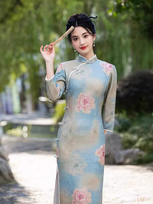 2024 Autumn New Printed Long Cheongsam Slim Fit Seven Quarter Sleeve Women's Cheongsam Qipao Dress - Seprincess