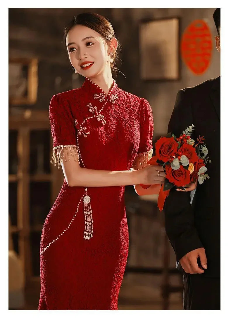 Mermaid Chinese Traditional Dress Red Wedding Bride Toast Clothing Sexy Ladies Cheongsam for Evening Party Woman Vintage Qipao - Seprincess