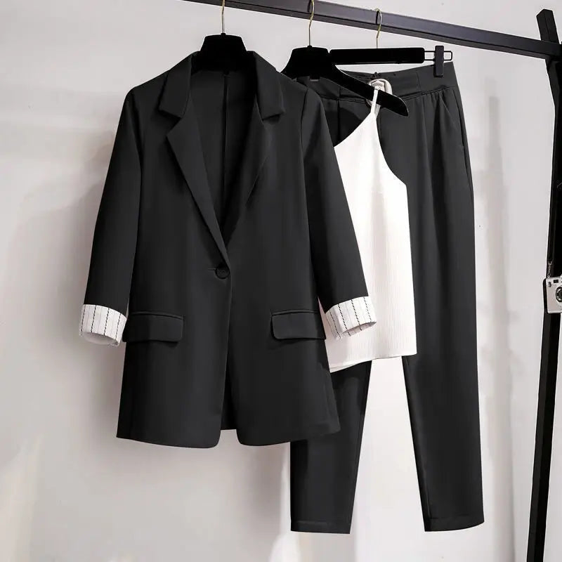 2023 spring new plus size Korean elegant women's suit female blazer leisure pants Tweed suit jacket three piece jacket pants set - Seprincess