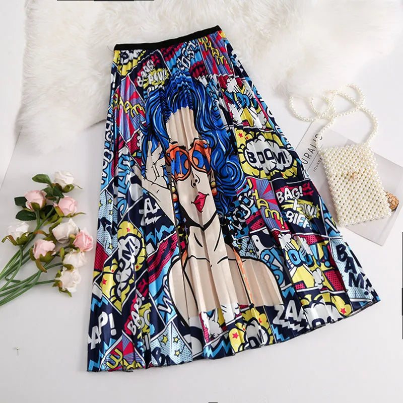 Pleated Skirt Women Summer 2022 New  Print Cartoon Pattern  Elastic Women Skirt Big Swing Party Holiday High Waist Skirts - Seprincess