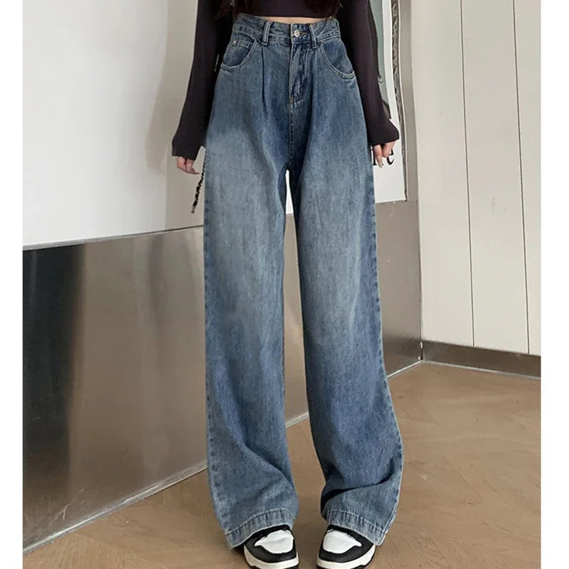 2024 Woman High Waist Vintage Baggy Jeans Lady Streetwear Wide Leg Pants Female Fashion Gray Blue Grey Light Blue Denim Trousers