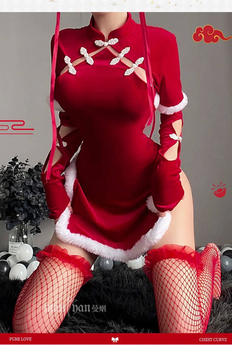 Sexy Cheongsam Dress Women High Slit Hollow Erotic Lingerie Chinese Tradition Qipao Skirt Tempting Cosplay Christmas Costume Red - Seprincess