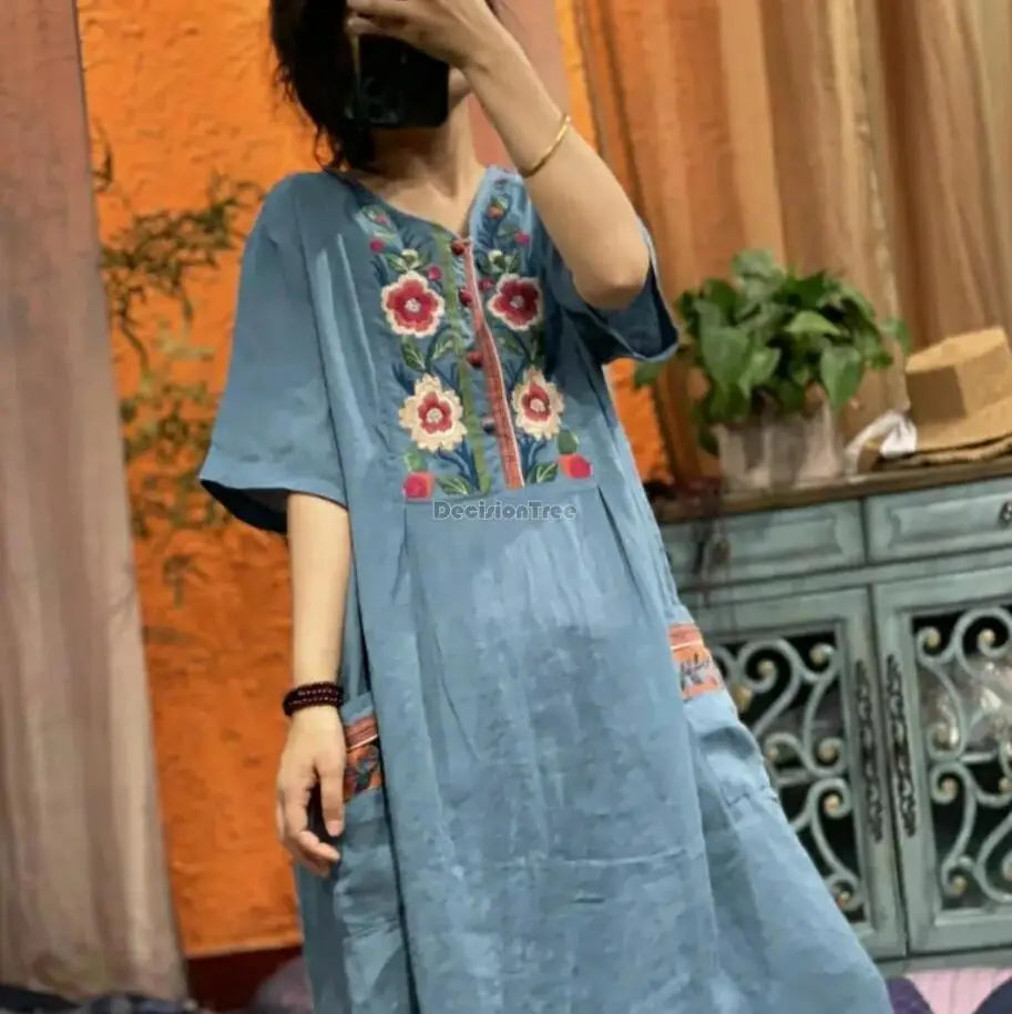 2023 Chinese national style linen embroidery v-neck button up skirt loose vintage dress women loose dress cheongsam dress pd