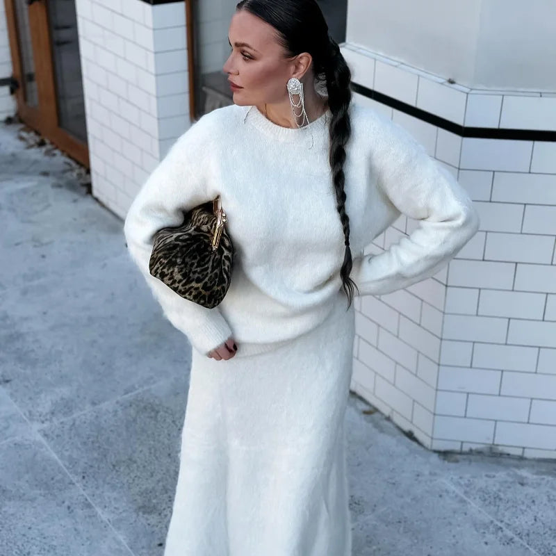 Fashion Solid Mohair Knit Long Skirt Sets Women O Neck Full Sleeves Pullover Sweater Autumn Female High Street Commute Outfits