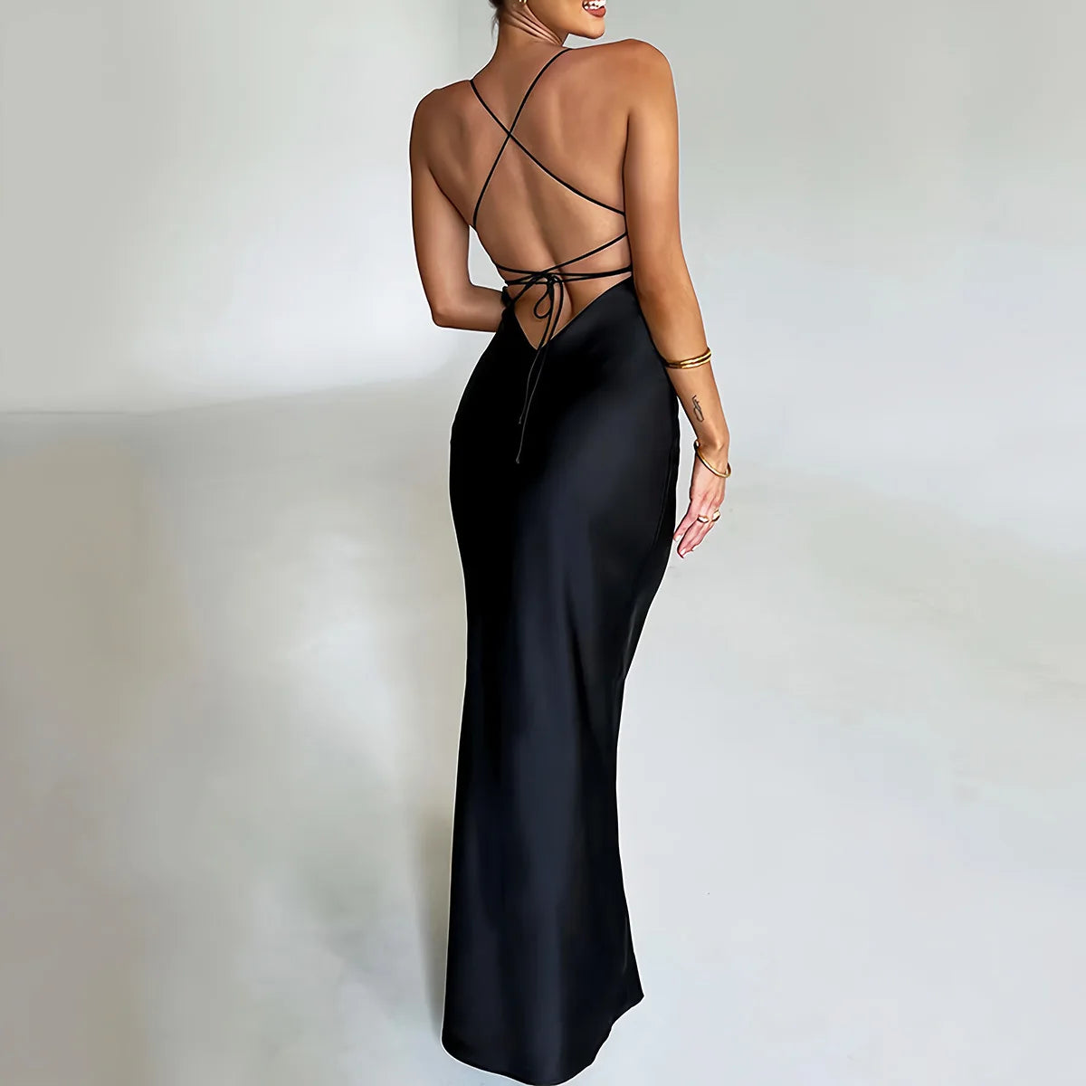 Sexy Satin Backless Lace Up Mermaid Slip Dress Women Sweetheart Neck Sexy Slim Bodycon Dresses Elegant Silk Gown Partywear - Seprincess