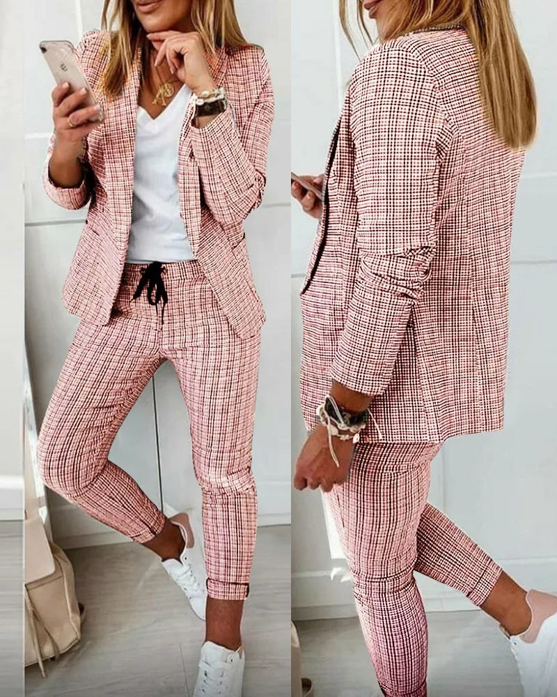 New Autumn Winter Plaid Printing Two Piece Sets Women Casual Notched Collar Blazer & Pants Set Outfits Fashion Elegant Suit Sets - Seprincess