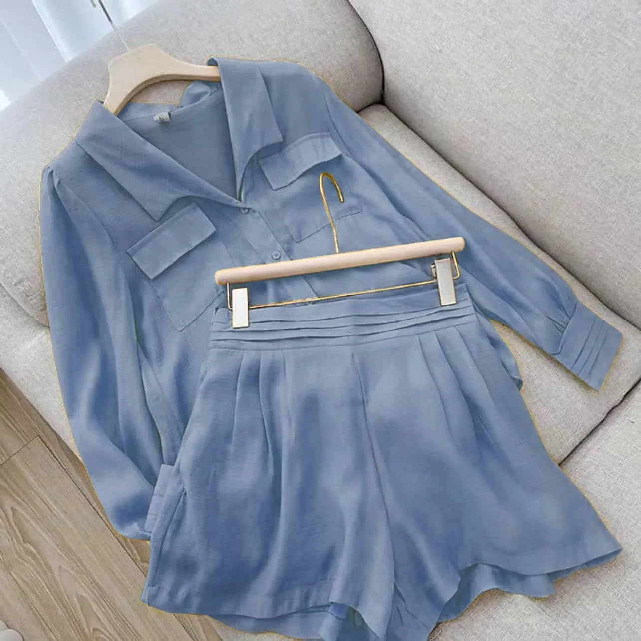 Spring Shirt Two Piece Set For Women Summer Shorts 2 Piece Sets Suits Solid Color Long Sleeve Shirt Short Casual Outfits Female - Seprincess