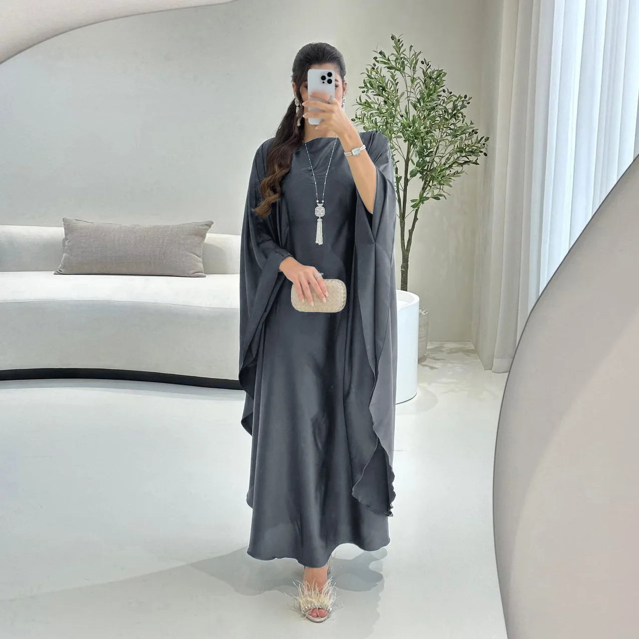 Shiny Satin Abaya Butterfly Dress Simple Saudi Muslim Abayas Dubai 2024 Luxury African Dresses for Women Turkish Islamic Clothes - Seprincess