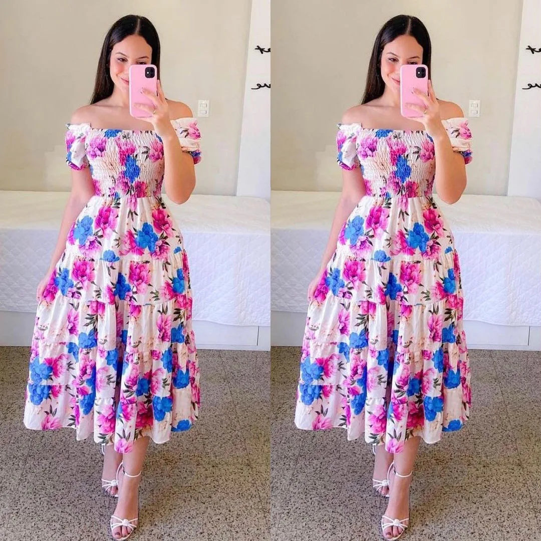 Elegant Women's Off Shoulder Midi Dress 2024 Summer Fashion dresses High Waist Flower Print Short  Sleeve Dress Robe Clothing - Seprincess