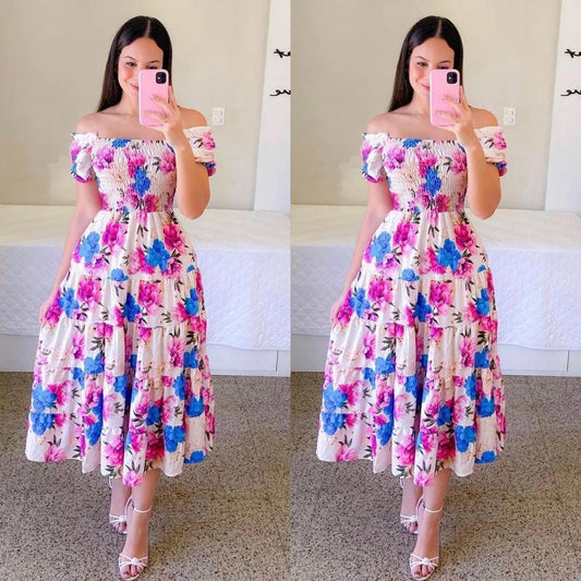 Elegant Women's Off Shoulder Midi Dress 2024 Summer Fashion dresses High Waist Flower Print Short  Sleeve Dress Robe Clothing - Seprincess