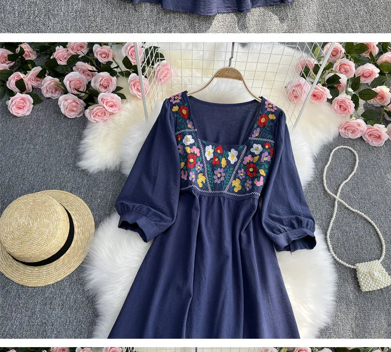 Spring/Summer Women's Travel Vacation Vintage Long Dress Bohemian Ethnic Style Embroidered Waist Tie up Cotton and Linen Dress ? - Seprincess